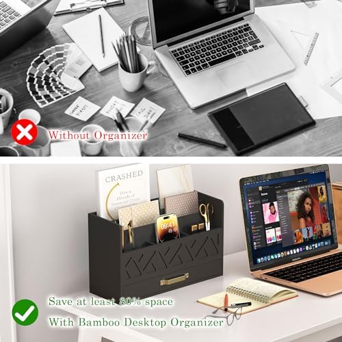 Bamboo Mail Organizer Countertop Pen Holder Wooden Desktop Storage Drawers - Image 5