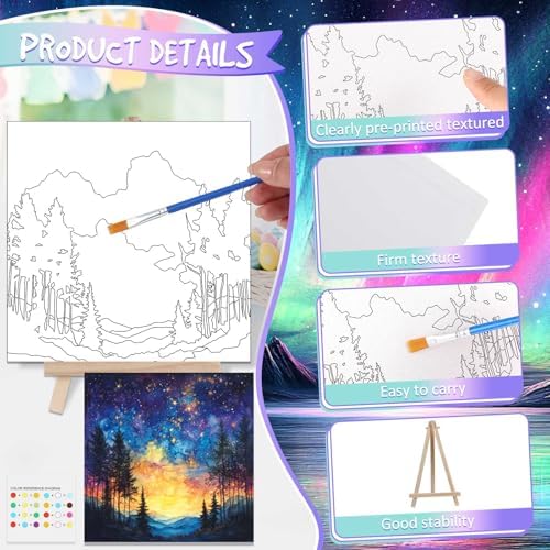 Tenceur 12 Sets Pre Drawn Canvas to Paint Adult Stretched Coloring Painting Canvas Panels with Design Easel and Brushes for Party Supplies Beginner Favor(Starry Aurora) - Image 3