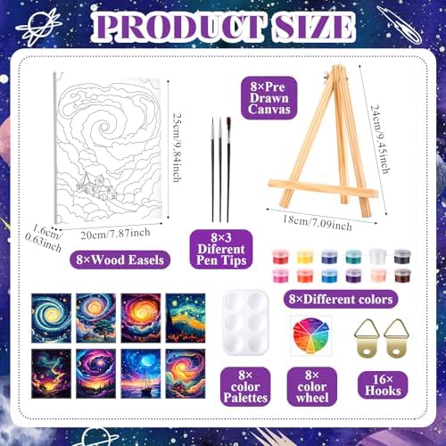 Humyoun 8 Sets 8" x 10" Starry Sky Pre Drawn Canvas to Paint for Sip and Paint Party Starry Sky Predrawn Coloring Set Pre Sketched Canvas Boards with Paints and Brushes for Adult - Image 2