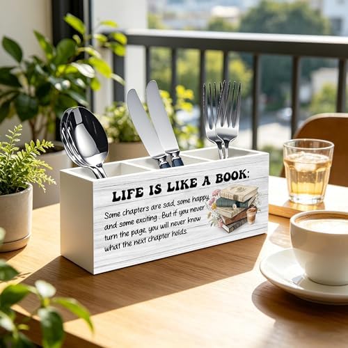 Inspirational Book Lover Gifts Pen Pencil Holder Organizer for Home Office Classroom Desk Accessories, Reader Gifts, Bookish Wood Signs for Reading Nook Corner Room Desk Tabletop Decor - Image 2