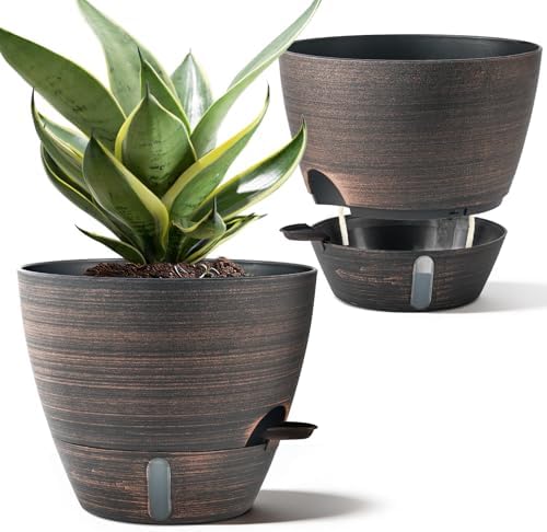 ZMTECH 10 Inch Self Watering Pots for Indoor/Outdoor Plants, Bronze Large Plastic Planter with Water Level Indicator, Drainage Hole & Removable Saucer for Garden Flowers, Deco Plant Container by HighQualityGardeningTools