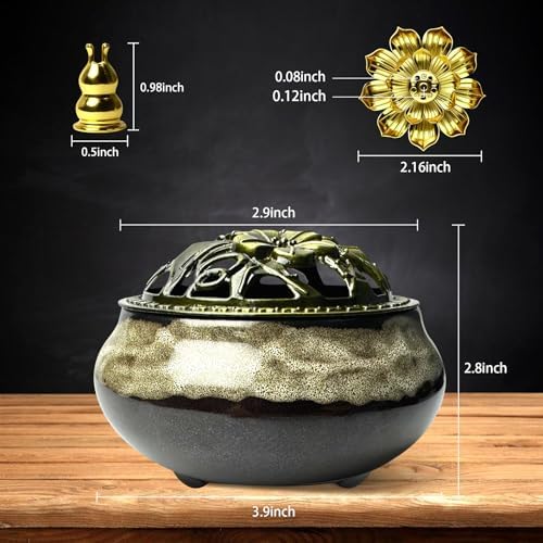 Ceramic Incense Burner, Bowl Burner,Cone Incense Burner with Brass lid for use with Stick or Cone-Shaped Incense，Lotus Incense Stick Holder Calabash Incense Stick Holder, 3pc (Fambe White) - Image 2