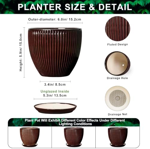 6 Inch Planter, Ceramic Plant Pots Indoor with Drainage Hole and Saucer, Round Flower Orchid Pots for Indoor Plants, Succulent Pot, Small Modern Planter, Bathroom Decor, Brown - Image 2
