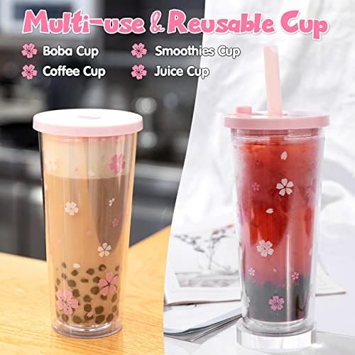 Reusable Plastic Boba Cup With Lids And Straws, 24Oz/700ml Smoothie Cups, Iced Coffee Cup, Leakproof Kawaii Cup, Boba Tumbler With Boba Reusable Straw,Double Wall Clear Bubble Tea Cup - Image 4