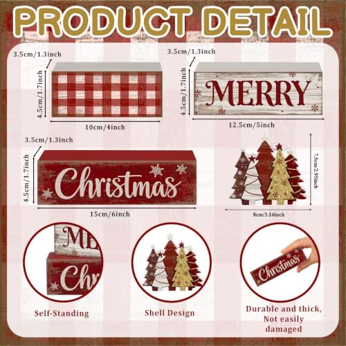 Moucuny 4 Pcs Christmas Table Decor Rustic Merry Wooden Christmas Tree Sign - Image 3