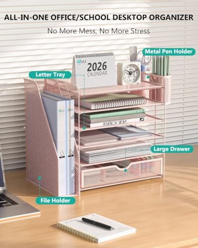 WALI Desk File Organizer, 6 Tier Desktop Paper Letter Tray Organizer with Drawer and 2 Pen Holders, Office Desk Accessories & Workspace Organizers for Office, Home Supplies(DO007DH-P), 1 Pack, Pink - Image 3