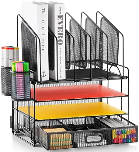 Marbrasse Desk Organizer with Drawer, 4-Tier Mesh File Organizer with 5 Vertical File Holders and 2 Pen Holders, Multifunction Desktop Organizer,Desk Organizers and Accessories for Home Office by Marbrasse