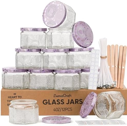 LumaCraft 12 Pack 4oz Glass Candle Jars with Lids, Hexagon Embossed Candle Making Containers, Empty Candle Jars with 20 Wicks & Labels for DIY Candle Making, Party Favors, Home Decor by Unknown