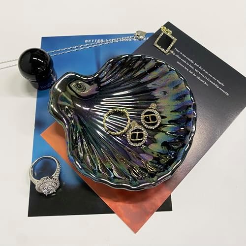 Shell Jewelry Dish Tray, Ceramic Trinket Tray Clamshell Jewelry Organizer Dish, Ring Holder Dish Room Decor, Mother's Day Valentine's Friendship Christmas Birthday Gifts for Women (Multicolor Black) - Image 3