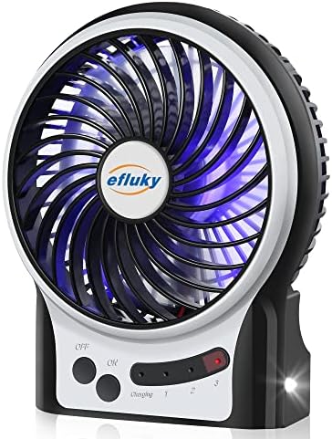 efluky 4.9-Inch Mini Desk Fan - 3 Speeds, Rechargeable Battery/USB Powered with LED Light, Quiet Portable Fan for Home, Office, Travel, Camping (Black) by efluky