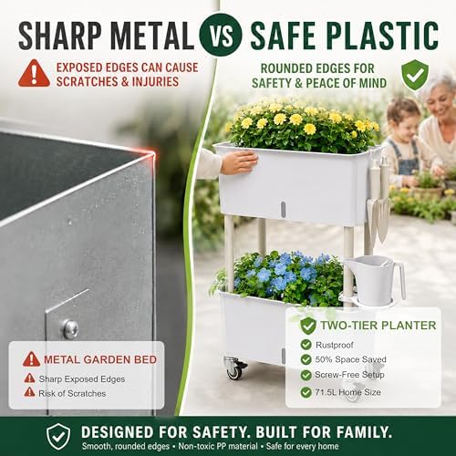 2-Tier 27.8"H Rolling Raised Garden Bed with Wheels, Self Watering Planter Box with Visible Water Level, Gray Rustproof Plastic Herb & Strawberry Planter for Indoor Outdoor Vegetables Flowers, DIY Kit - Image 5