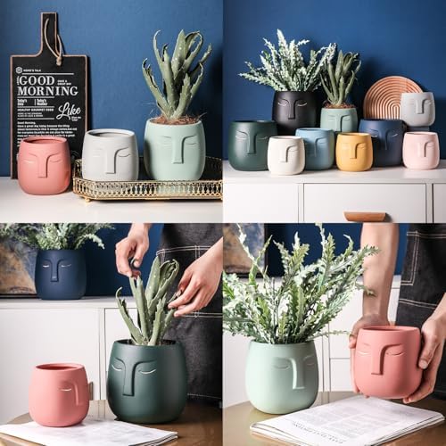 Face Planter (Forest Green, Small, with Hole, Without Tray) - Ceramic Plant Pot for Succulents, Flowers, and Small Plants - Nordic Minimalist Vase for Indoor and Outdoor Home Decor - Image 2