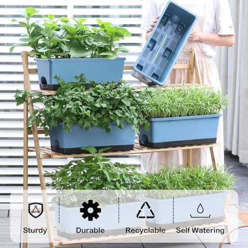 Oliz Window Box Planter 8 Pcs, 17 Inches Rectangle Flower Pots with Drainage Holes and Trays, Vegetable Planters for Windowsill Patio Garden Balcony Home Porch Yard Indoor Outdoor (Blue) - Image 2