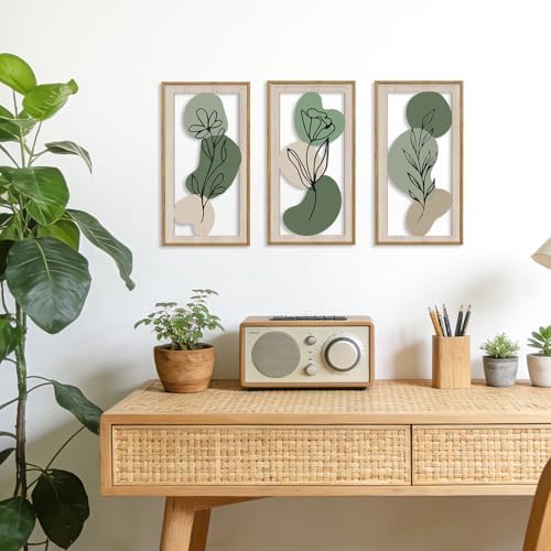 HPNIUB 3 PCS Minimalist Floral Wall Decor, Boho Green Geometric Hanging Wood Sign for Living Room, 8x16Inch Modern Bohemian Botanical Leaf Wooden Plaque for Apartment Bedroom Office Decoration - Image 4
