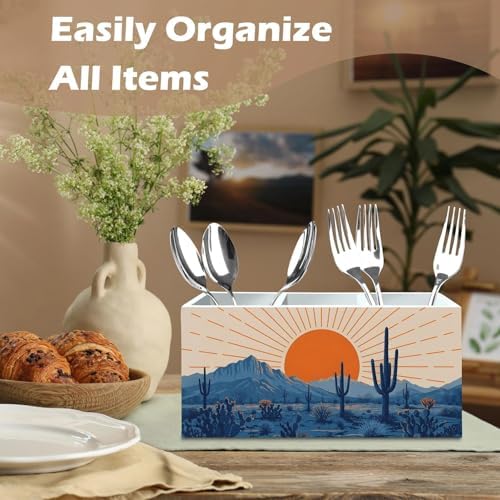 DILSJ Western Boho Pen Pencil Holder Organizer for Desk, Boho Office Decor, Abstract Sunshine Western Desert Cactus Landscape Wooden Box Signs for Home Office Desk Tabletop Decoration - Image 3