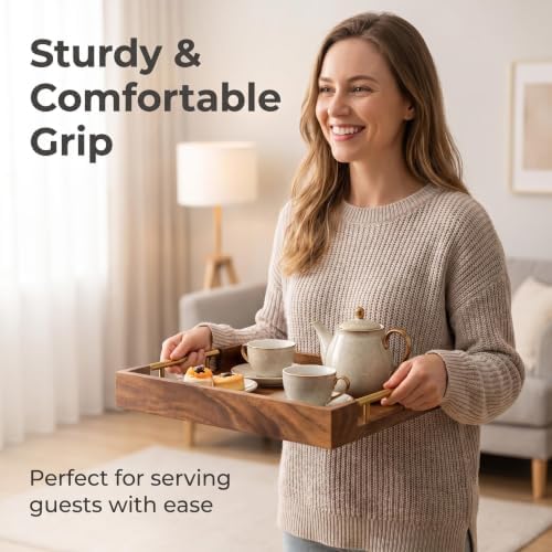 Walnut Wood Serving Tray with Metal Handles, Decorative Wooden Tray for Coffee Table, Living Room, Kitchen Counter and Party (15.75x11.81x1.97 Inch) - Image 6