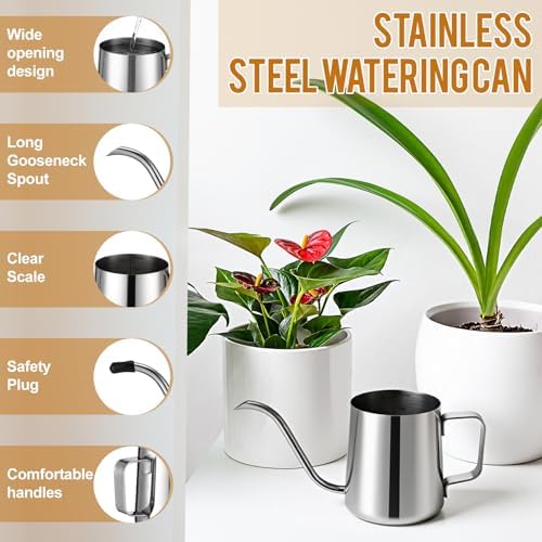 2 Pcs Small Watering Can for Indoor Plants, 12 Oz/350 ml Mini Plant Watering Pot with Long Spout and Scale 304 Stainless Steel Tiny Watering-can for Outdoor Indoor Plants Garden(Sliver) - Image 3