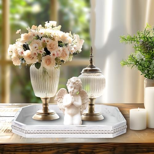 Wooden Decorative Tray, Rustic Serving Tray with Wood Bead, Farmhouse Big Tray for Ottoman, Countertop, Coffee Tabl, 16.5" x 13"x 1.6" (Retro White) - Image 4