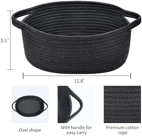 ABenkle Small Basket with Handles, Boho Decorative Rope Woven Dog Cat Toy Storage Bin Shelf Storage Organizer, Easter Christmas Gift Basket, 12"x8"x5", Black - Image 2