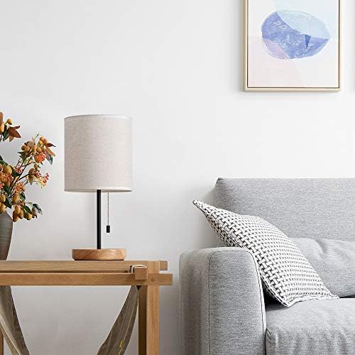 HAITRAL Bedside Table Lamp - Modern Nightstand Lamp with Linen Fabric Shade Wooden Desk Lamps for Bedrooms, Office, College Dorm, Dinning Room, Girls Room - 16 Inches (HT-AD005) - Image 5