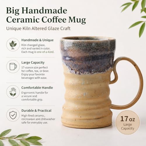 17oz Large Unique Cool Tall Handmade Ceramic Coffee Mug with Comfortable Big handle, Big Pottery Tea Mug, Artisanal Stoneware Coffee cup, Rustic Lead-free Tea Cups, Microwave safe Coffee Cup - Image 2