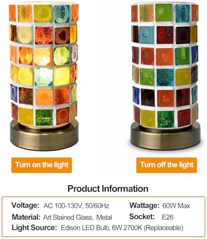 Mosaic Stained Glass Table Lamp for Bedroom Bedside, Bohemian Turkish Small Nightstand Lamp Night Light, Metal Base Round Colored Glass Shade Desk Lamp for Living Room Restaurant Bar (Bulb Included) - Image 6