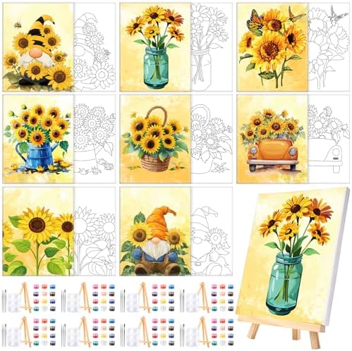 Humyoun 8 Sets 8" x 10" Sunflower Pre Drawn Canvas to Paint for Sip and Paint Party Sunflower Predrawn Coloring Set Pre Sketched Canvas Boards with Paints and Brushes for Adult by Humyoun