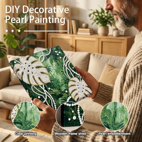 LQCrafK DIY Pearl Art Painting Handcraft Kit for Adults Beginners with Tools and Framed Painting, Creative Design,Self-Adhesive, Healing Stress-Relieving Home Wall Decoration-Monstera Leaves - Image 2