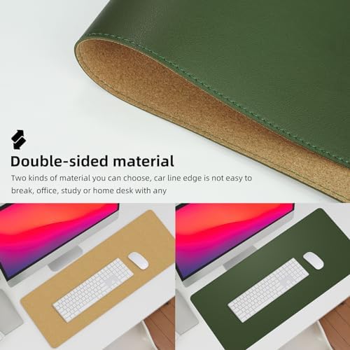 AFIING Leather Desk Pad Protector, Large Desk Mat with Natural Cork & PU Leather, Mouse Pad, Non-Slip, Waterproof Desk Writing Pad for Office and Home, Military Green - Image 3