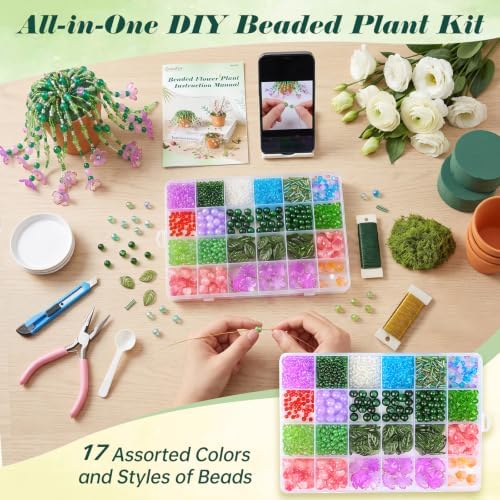 Ecoofor Beaded Plant Kit with 17 Styles of Beads, Flower Beads & Green Glass Crystal Beads, DIY Handmade Beaded Plant Craft Kit with Video Tutorial, Gift for Plant Lovers & Craft Enthusiasts - Image 5