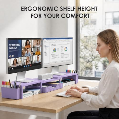 OPNICE Desk Organizers and Accessories, Dual Monitor Stand Riser with Drawer and 2 Pen Holders, Desk Shelf Printer Stand for Office Workspace Organizers, Desktop Organization (Purple) - Image 2