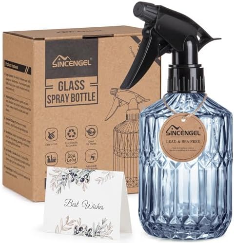 Glass Plant Mister Spray Bottle, 13.5 oz Refillable Plant Misters for Inside, Pretty Glass Spray Bottles for Cleaning, Hair, Cat, Succulent, Houseplant with Adjustable Mist Nozzle (Blue) by Sincengel