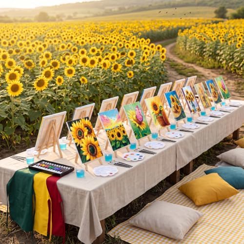 Cholemy 6 Set Paint and Sip Kit for Adults 8"x 10" Pre Drawn Canvas Painting with Wooden Easel Acrylic Paint Wash Cup Brushes Palette Apron for Painting DIY Adult's Date Party Supplies(Sunflower) - Image 2