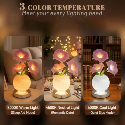 Pink Morning Glory Flower Lamp, Rechargeable Cordless LED Floral Table Lamp - Image 4