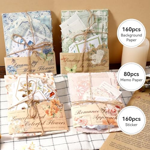 LIGHOON 400 Pcs Vintage Floral Scrapbook Paper, Floral Journaling Stickers Kit, 4 Pack Junk Journal Supplies for Bullet Journaling DIY Retro Crafts Planner Card Notebook Album - Image 6