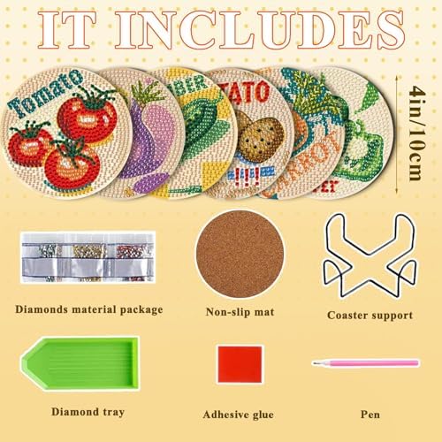 DOTSOPS 6 Pcs Vegetable Diamond Painting Coasters with Holder for Beginners - Image 2