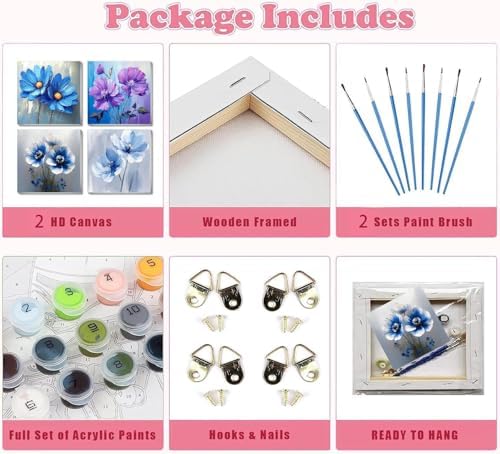 Fotasmua 4 Pack Paint by Numbers Kit for Adults Kids, Easy Framed Adults Paint by Numbers Kits, DIY Simple Flowers Acrylic Oil Painting Number Kits for Home Wall Decor (8 x 8 Inch) - Image 6