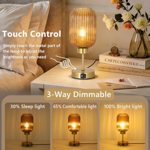 Vintage Gold Table Lamps Set of 2 Touch Control, Small Desk Lamp with Amber Glass Shade, Bulb, Charging Port, Mid Century Modern Bedside Lamp, 3 Way Dimmable Nightstand Lamp for Bedroom Living Room - Image 2
