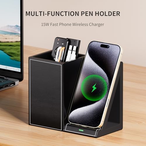 LADSTAG Pen Organizer with Phone Stand,Black Vegan Leather Desk Organizers with Remote Control Holder,Pencil Holder for Desk,Desk Organizer with Phone Charger for Office/Nightstand/Endtable - Image 2