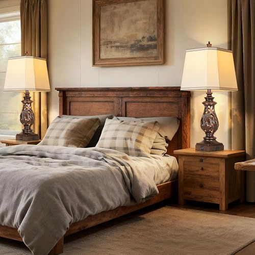 PARTPHONER 29" Table Lamps Set of 2, Bedside Lamps with USB A+C Ports & Night Light, Farmhouse Nightstand Lamps with Faux Silk Shades for Bedroom Living Room, Vintage Brown (LED Bulbs Included) - Image 5