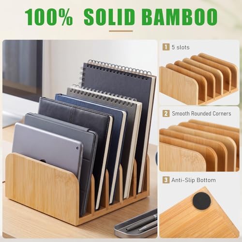 Lineshading Bamboo Letter Organizer, 5 Compartments Desk Mail Organizer, Desktop Envelope Holder and Letter Sorter, Countertop Paper File Holders with Anti Slip Mat for Home Office(Bamboo Color) - Image 4