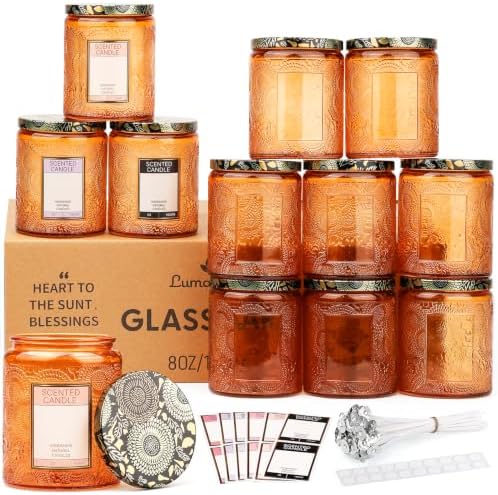 LumaCraft Luxury Embossed Glass Candle Jars for Making Candles - 12 Pack Empty Candle Containers with Lids, 20 Wicks & 20 Stickers, Colored Glass Jars for Gifts & Decor by Unknown