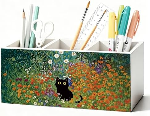 Black Cat Pen Pencil Holder for Desk, Black Cat Mom Lady Lovers Gifts for Women, Pet Lover Gifts, Cottagecore Wildflower Kitten Wooden Box Sign Decorations for Home Office Desk Tabletop by Unknown