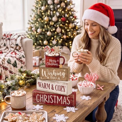 Moucuny 4 Pcs Christmas Coffee Table Decor for Home Kitchen, Wooden Cocoa - Image 4