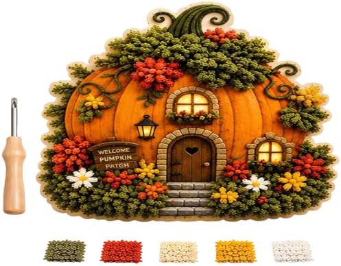 WANZZXCSL Whimsical Village 3D Fabric Poke Art Kit, Floral Cottage, Creative Craft Set, Flowers Activity Fall Gift Home Decor Craft for Adult Beginner Handmade Hobby Gift，Pumpkin Patch by WANZZXCSL