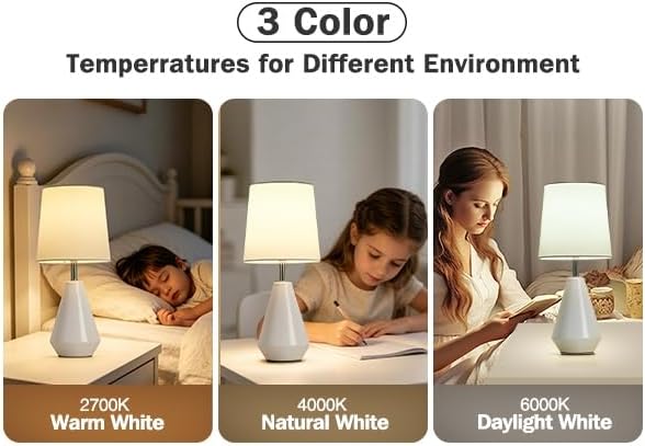 Small Bedside Table Lamp for Bedroom - Reading Desk Lamp with 3 Color Temperatures，15.5" Nightstand Ceramic Lamp with Fabric Shade for Kids Room,Living Room,Dorm,Home Office (White) - Image 2