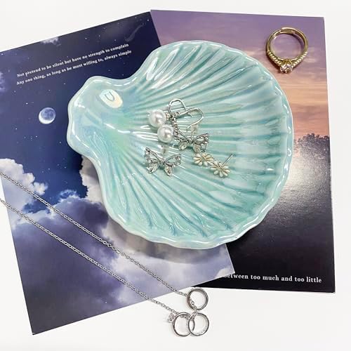 Ring Dish Shell Shape Ceramic Jewelry Dish Tray, Decorative Trinket Dish Organizing Rings Earrings Necklaces Keys for Mom Friend Sister, 3.9", Blue Iridescent Surface - Image 6