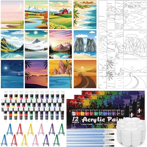 Sherr 108 Pcs Landscape Sip and Paint Kit, Pre Drawn Canvas for Adults by Sherr
