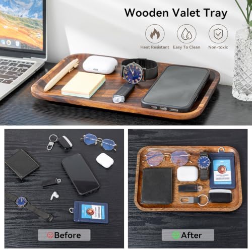 5PCS Serving Acacia Wood Valet Tray for Men Women, Catch All Acacia Mens Key Dump Bedside Nightstand Organizer EDC Decorative Wooden Tray for Phone Watch Wallet Keys Jewelry - Image 3