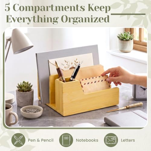 Novabright Bamnoo Wood Mail Organizer with Pen Holder, 5 Slot Desk File Organizer, Wooden Letter Sorter for Desk, Compact Desktop Document Holder for Home Office Storage Back to School - Image 3
